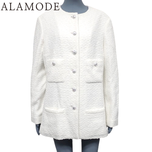 CHANEL(シャネル) ココマークパールボタン ツイードジャケット ジャケット P74 アパレル ノーカラー ラインストーン 40 ナイロン コットン ホワイト白 レディース 40802164295【中古】【アラモード】