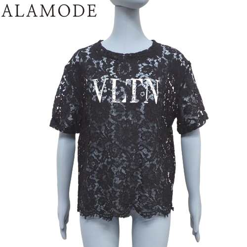 VALENTINO(ヴァレンティノ) ロゴ レース Tシャツ トップス アパレル ファッション S レーヨン コットン ナイロン ブラック黒 VB3MG10K649