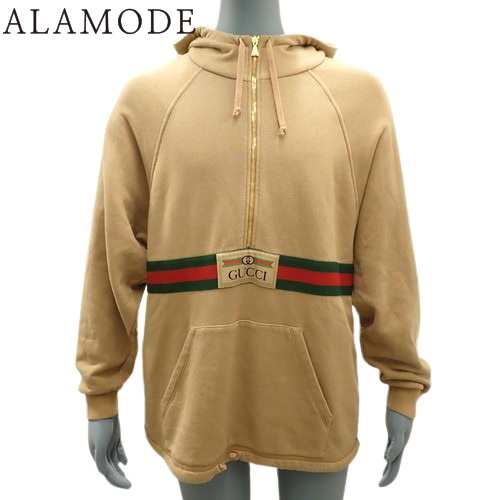 GUCCI(グッチ) ハーフジップ プルオーバー パーカー トップス ウェブ フーディーアパレル ファッション シェリー XS コットン キャメル茶  グリーン緑 レッド 644656 レディース 40802128678【中古】【アラモード】