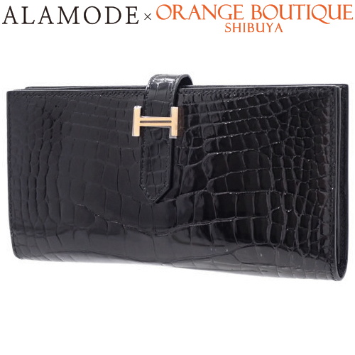 HERMES(エルメス) ベアンスフレ ブラック黒 クロコダイル アリゲーターシャイン ゴールド金具 C刻印 長財布 ロングウォレット 二つ折り 2つ折り レディース 40101758122【中古】【アラモード】