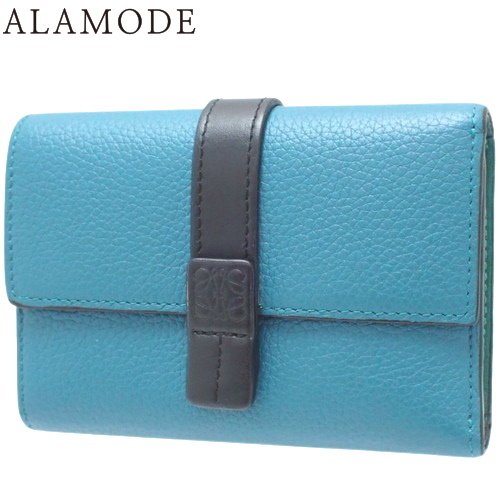 LOEWE(ロエベ) バーティカルスモールウォレット コンパクト財布 2つ折り アナグラム ミニウォレット パラジウム金具 ソフトグレインカーフスキン ブルー青 ブラック黒 シルバー金具 レディース 40802143902【中古】【アラモード】