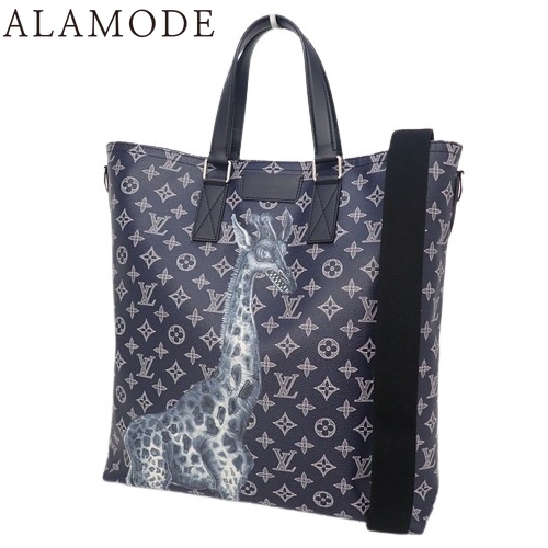 LOUIS VUITTON(ルイ・ヴィトン) モノグラムサバンナ トートバッグ 2WAY ショルダー 肩掛け 斜め掛け キリン チャップマンブラザーズコラボ アンクル ネイビー紺 ブラック黒 シルバー金具 M54127 40802149485【アラモード】