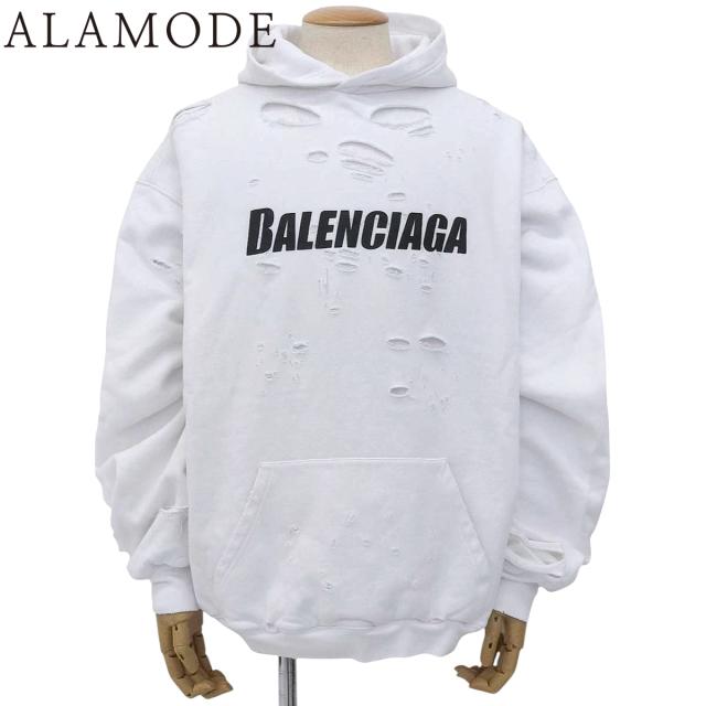 BALENCIAGA(バレンシアガ) デストロイ加工 ロゴ フーディー パーカー スウェット/パーカー 2022年 アパレル ファッション XS コットン ホワイト白 ブラック黒 659403 メンズ 40802144695【中古】【アラモード】