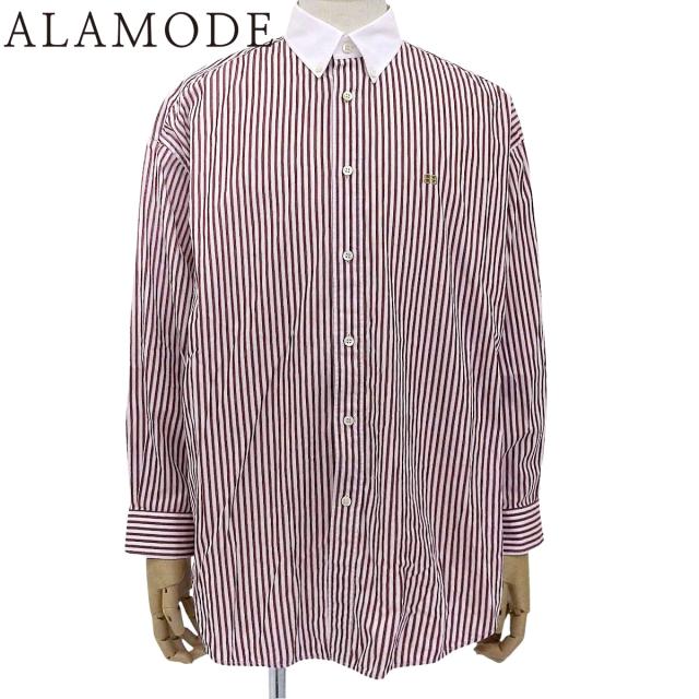 BALENCIAGA(バレンシアガ) ストライプ ロゴ刺繍 オーバーサイズシャツ シャツ/ブラウス アパレル ファッション 長袖 36 コットン ホワイト白 レッド赤 メンズ 40802149356【中古】【アラモード】