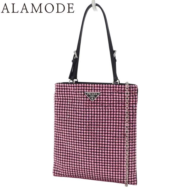 PRADA(プラダ) クリスタル 2WAYバッグ ハンドバッグ ショルダー 肩掛け 斜め掛け チェーン サテン レザー ピンク ブラック黒 シルバー金具 レディース 40802153222【中古】【アラモード】