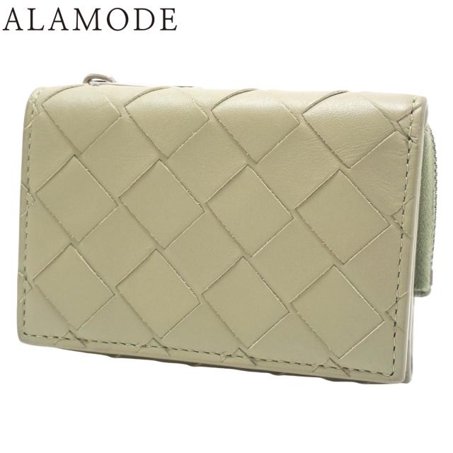 BOTTEGAVENETA(ボッテガ・ヴェネタ) スモール イントレチャート 三つ折り ファスナーウォレット コンパクトウォレット 3つ折り ミニ財布 小物 レザー カーキ シルバー金具 メンズ 40802153013【中古】【アラモード】