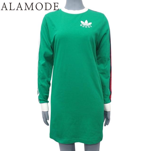 GUCCI(グッチ) アディダス コラボ Tシャツ ワンピース ワンピース 長袖 アパレル ファッション 衣類 adidas XS コットン グリーン緑 ホワイト白 693537 レディース 40802155320【中古】【アラモード】