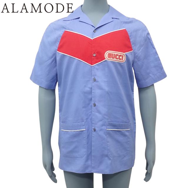 GUCCI(グッチ) テクニカル ボーリング シャツ ブラウス 2018年 トップス 半袖 アパレル 44 コットン ブルー青 レッド赤 519940 メンズ 40802155345【中古】【アラモード】