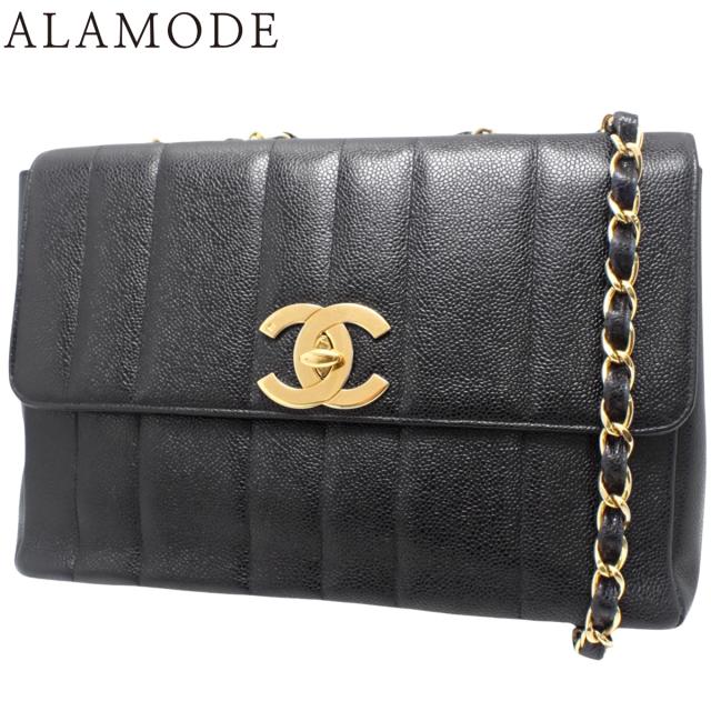 CHANEL(シャネル) マドモアゼル ココマーク チェーンショルダーバッグ 肩掛け 斜め掛け ストライプ キャビアスキン ブラック黒 ゴールド金具 レディース 40802152854【中古】【アラモード】