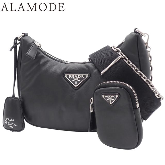 PRADA(プラダ) Re-Edition 2005 レザーバッグ ショルダーバッグ 肩掛け 三角ロゴプレート リエディション パテッドナッパーレザー ブラック黒 シルバー金具 1BH204 2DYI F0002 レディース 40802156646【中古】【アラモード】