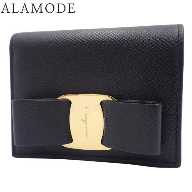 Salvatore Ferragamo(フェラガモ) ヴァラリボン 二つ折り財布 コンパクトウォレット 2つ折り 折りたたみ財布 小物 カーフ NERO ネロ ブラック黒 ゴールド金具 22-D515 レディース 40802157994【中古】【アラモード】