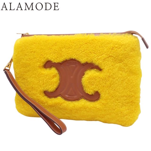 CELINE(セリーヌ) トリオンフ ムートン クラッチ クラッチバッグ/セカンドバッグ ポーチ 小物 ムートン スムースレザー イエロー黄 ブラウン茶 ゴールド金具 レディース 40802158282【中古】【アラモード】