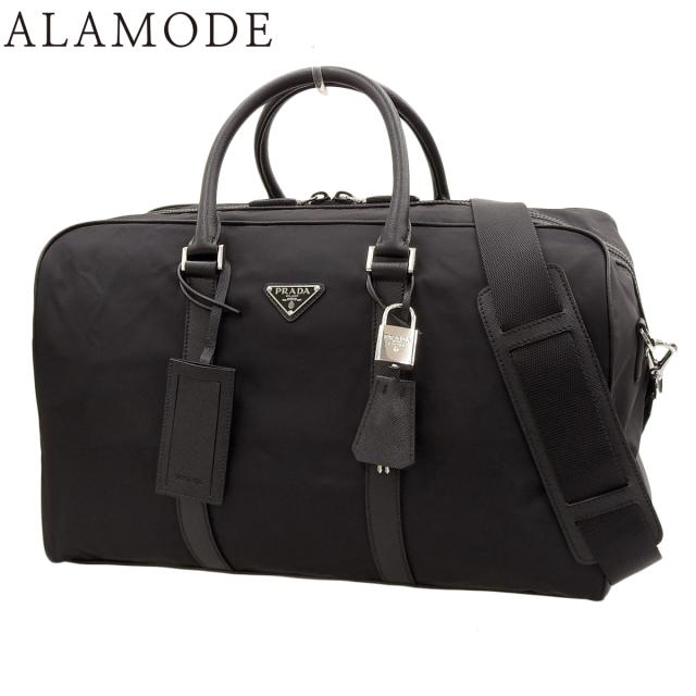 PRADA(プラダ) ロゴプレート ボストンバッグ ボストンバッグ 2WAY ショルダー 旅行バッグ トラベルバッグ ナイロン サフィアーノレザー ブラック黒 シルバー金具 メンズ 40802161480【中古】【アラモード】