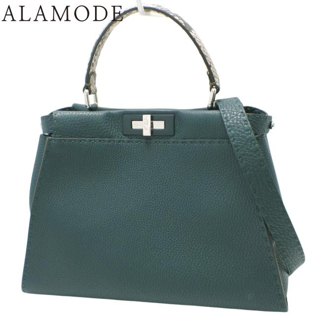 FENDI(フェンディ) ピーカブー レギュラー ハンドバッグ ショルダー 2way 肩掛け ミディアム カーフ パイソン ダークグリーン グレージュ シルバー金具 8BN290 レディース 40802163415【中古】【アラモード】