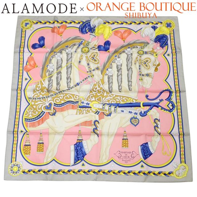 HERMES(エルメス) HARNAIS DE COEUR アルネ・ドゥ・クール カレ90 グリ・ペルル/ローズ・ボンボン/ブルー グレー ピンク マルチカラー シルク スカーフ 大判スカーフ ストール レディース 40802165234【中古】【アラモード】
