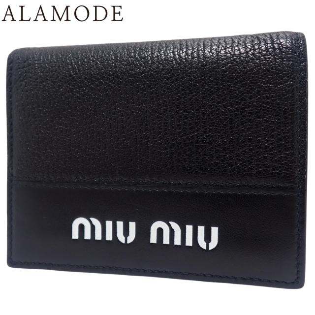 MIUMIU(ミュウミュウ) 二つ折り ウォレット コンパクトウォレット 2つ折り 財布 ロゴ 小物 レザー ブラック黒 シルバー金具 レディース 40802161007【中古】【アラモード】