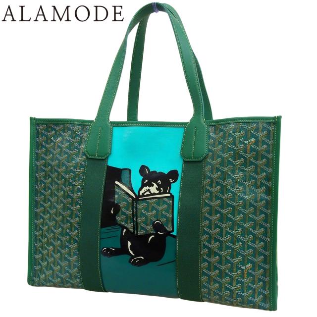 GOYARD(ゴヤール) ヴィレットMM トートバッグ 肩掛け 犬 フレンチブルドッグ ヘリンボーン柄 PVCコーティングキャンバス レザー ゴヤールディンキャンバス グリーン緑 ブラック黒 ユニセックス 40802161135【中古】【アラモード】