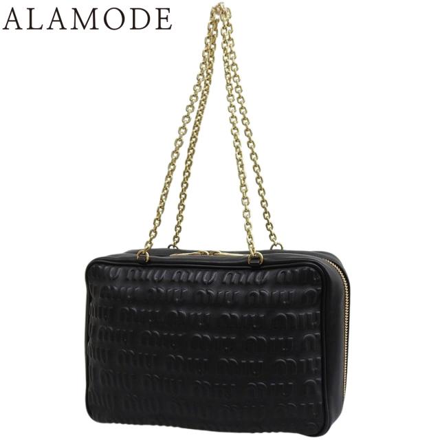 MIUMIU(ミュウミュウ) ロゴ チェーンショルダーバッグ ショルダーバッグ 肩掛け トート エンボス加工 レザー SOFTY LOGO NERO ネロ ブラック黒 ゴールド金具 5BB113 レディース 40802161725【中古】【アラモード】