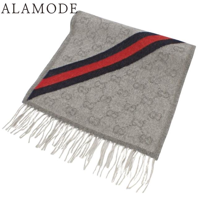 GUCCI(グッチ) GG マフラー ウェブライン ウール ライトグレー ブルー青 レッド 赤 570603 メンズ 40802158456【中古】【アラモード】