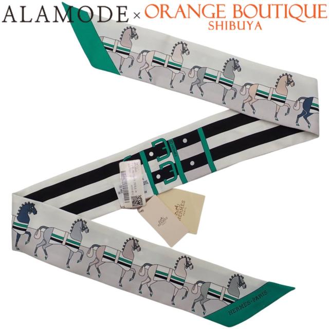 HERMES(エルメス) Rocabar ロカバール ツイリー グリぺール ホワイト白 グレー グリーン緑 シルク スカーフ ファッション小物 バッグ小物 馬柄 ストライプ レディース 40802168122【中古】【アラモード】