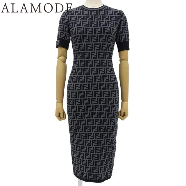 FENDI(フェンディ) ズッカ柄 ニットワンピース ワンピース 2020年 アパレル ファッション FF 半袖 38 レーヨン ポリエステル グレー ブラック黒 FZD753 A5QG レディース 40802164246【中古】【アラモード】