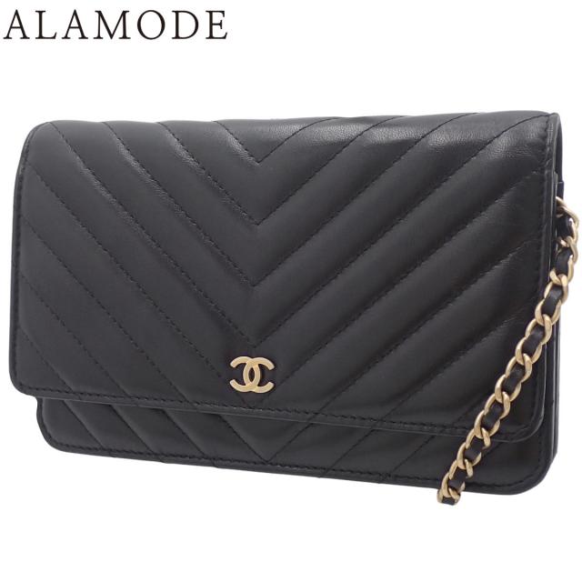 CHANEL(シャネル) Vステッチ ココマーク ロング チェーンウォレット ショルダーバッグ 肩掛け 斜め掛け ラムスキン ブラック黒 マットゴールド金具 レディース 40802170053【中古】【アラモード】
