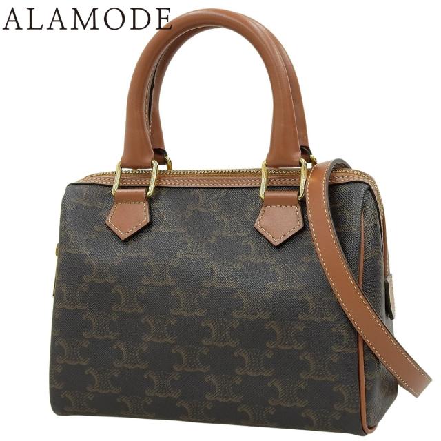 CELINE(セリーヌ) スモール ボストン ハンドバッグ トリオンフ ショルダー 肩掛け 斜め掛け ミニバッグ カーフ トリオンフキャンバス タン ダークブラウン焦げ茶 ブラウン茶 ゴールド金具 113772CAS.04LU レディース 40802166080【中古】【アラモード】