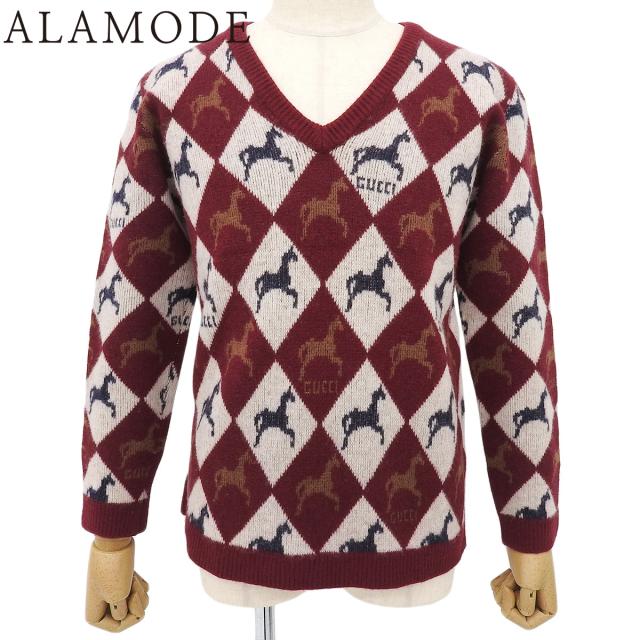 GUCCI(グッチ) ホース アーガイル Vネック ニット ニット/セーター 2022年 トップス アパレル ファッション S ウール ボルドー ホワイト白 メンズ 40802166180【中古】【アラモード】