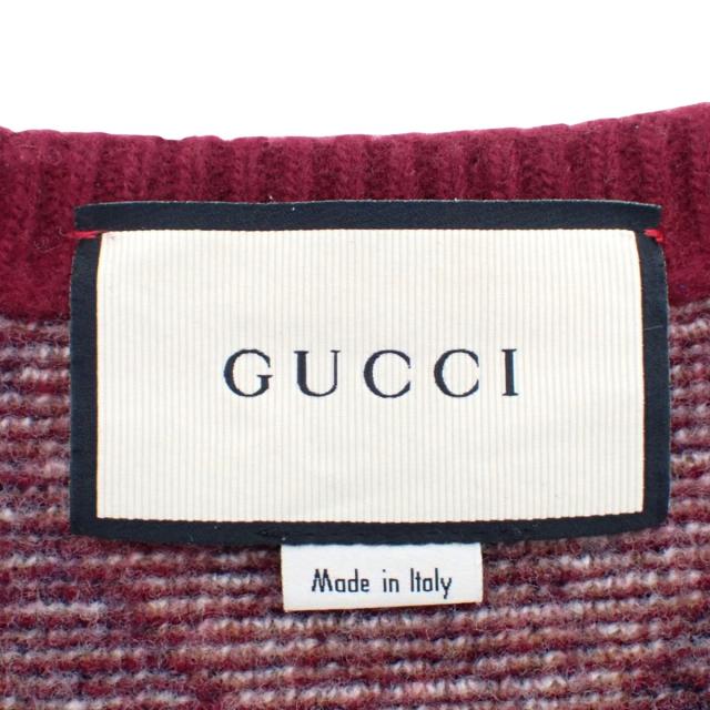 GUCCI(グッチ) ホース アーガイル Vネック ニット ニット/セーター 2022年 トップス アパレル ファッション S ウール ボルドー ホワイト白 メンズ 40802166180【中古】【アラモード】