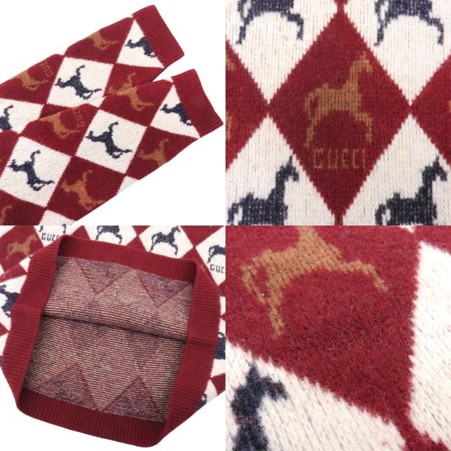 GUCCI(グッチ) ホース アーガイル Vネック ニット ニット/セーター 2022年 トップス アパレル ファッション S ウール ボルドー ホワイト白 メンズ 40802166180【中古】【アラモード】