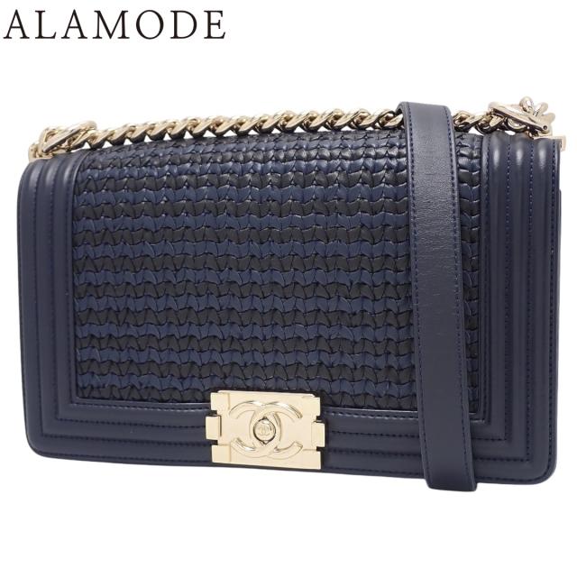 CHANEL(シャネル) ボーイシャネル ココマーク チェーンショルダー ショルダーバッグ 肩掛け 斜め掛け 編み込み レザー ネイビー紺 ブラック黒 シャンパンゴールド金具 レディース 40802169925【中古】【アラモード】
