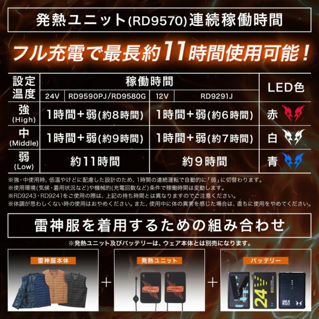 【フルセット】サンエス SUN-S 雷神服 【bo32550】 ＋ 発熱ユニット【RD9570】＋バッテリー 【RD9590PJ】 軽量 防寒 インナーベスト ウェア セット
