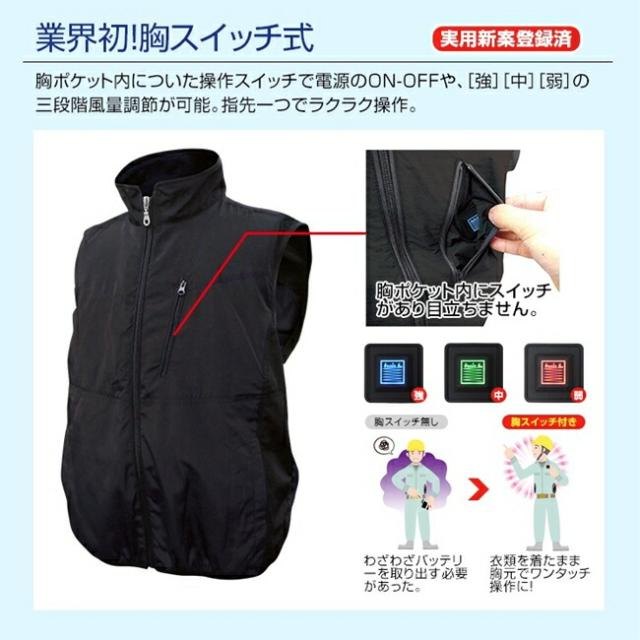 【7.4V ファン＆バッテリーセット付】ブレイン BRAIN 【MESH-KB-111-1】胸スイッチ/空調ベスト