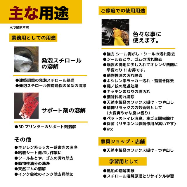 【天然成分100%】超高純度 D-リモネン溶剤 インパクト D- リモネン 原液 1L / 一斗缶 発泡スチロール スタイロフォーム 溶解液 シール剥がし 落書き消し 天然ゴム溶解【業務用プロの道具】_8