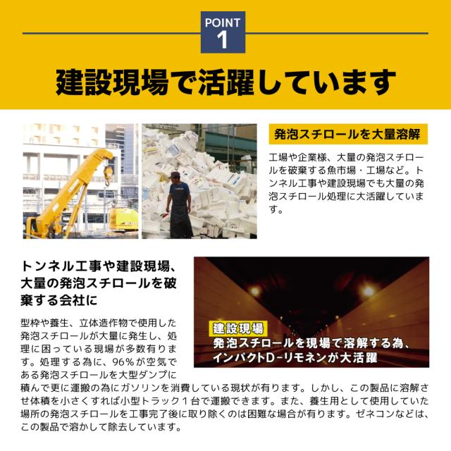 【天然成分100%】超高純度 D-リモネン溶剤 インパクト D- リモネン 原液 1L / 一斗缶 発泡スチロール スタイロフォーム 溶解液 シール剥がし 落書き消し 天然ゴム溶解【業務用プロの道具】_9