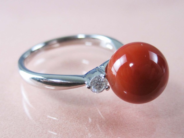 血赤珊瑚 指輪 ぷちダイヤモンド付プラチナ リング （のし等ギフト対応