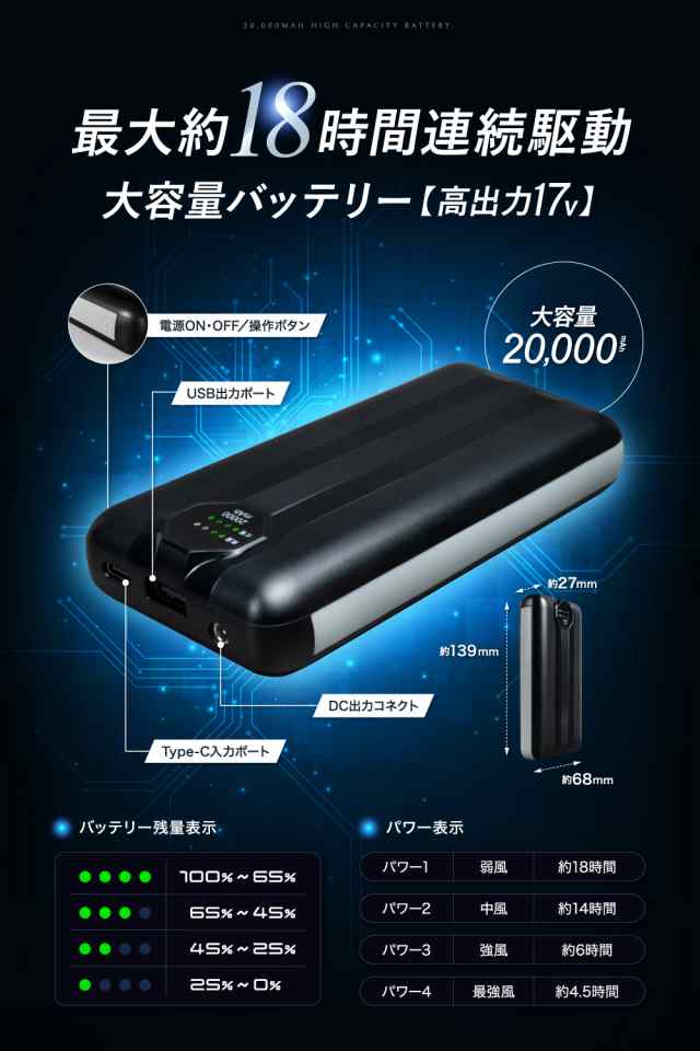 【人気商品】空調服　バッテリー　ファン　セット　20000mAh　大容量