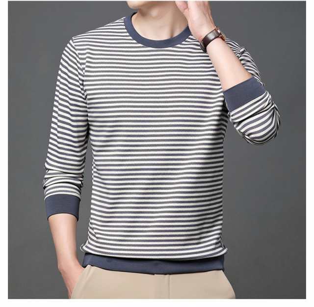 tシャツ メンズ 長袖 ストライプ カットソー  ビジネス クールビズ 紳士 シンプル カジュアル インナー トップス 部屋着 秋の通販は