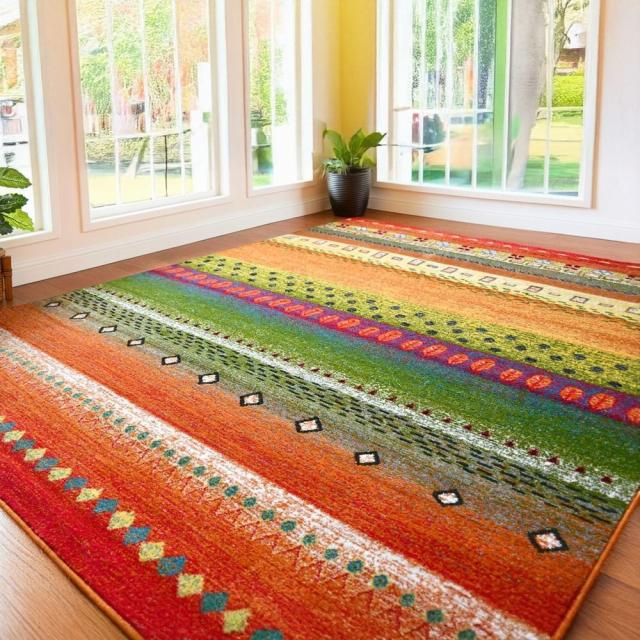 絨毯 ラグ 160×230cm おしゃれ かわいい 厚手 カーペット ギャッベ風 柄 じゅうたん ウィルトン織 オレンジ ネイビー デザインラグ CNL 【ロッブ 160×230】 長方形 約3畳 サイズ ラグマット_7
