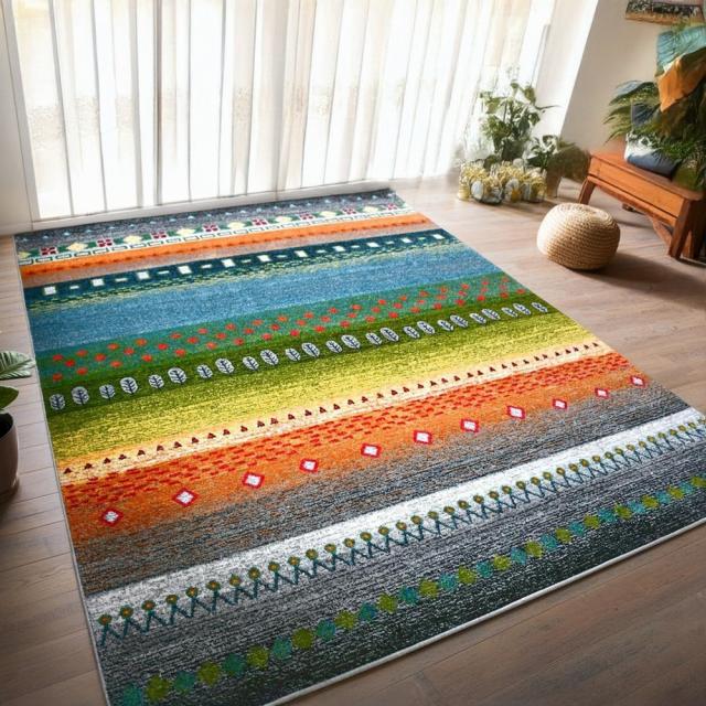 絨毯 ラグ 160×230cm おしゃれ かわいい 厚手 カーペット ギャッベ風 柄 じゅうたん ウィルトン織 オレンジ ネイビー デザインラグ CNL 【ロッブ 160×230】 長方形 約3畳 サイズ ラグマット_11