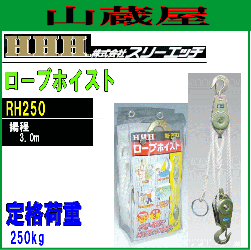 スリーエッチ(H.H.H) ロープホイスト(荷揚機)RH250[定格荷重 250kg/揚程 3.0]の通販は