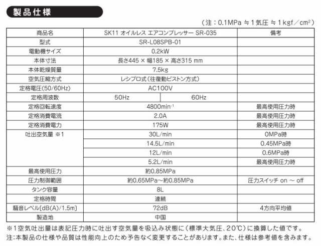 SK11 エアコンプレッサ SR-035 SR-L08SPB-01 タンク容量:8L オイルレスタイプ 最高使用圧力:0.85MPa  AC100の通販はau PAY マーケット 山蔵屋 au PAY マーケット－通販サイト