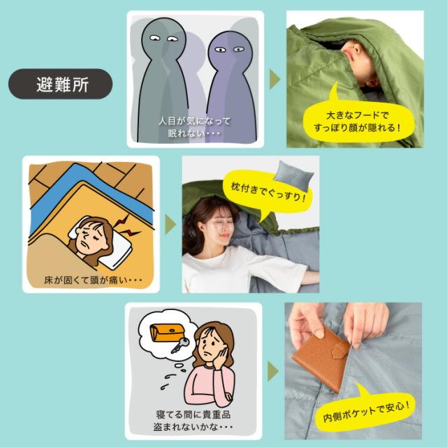 ソナエノ クッション型多機能寝袋 グリーン 寝袋クッション 防災 寝袋 クッションシュラフ ブランケット 洗える アウトドア キャンプ 車中泊 避難所 送料無料_5