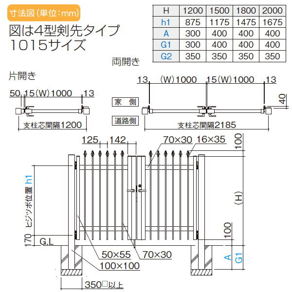 大型フェンス 四国化成 大型フェンス対応門扉【TAM4型 剣先A・Bタイプ両開き H2000 シリンダー錠】  TAM4T-S(I・O)1020W ガーデン DIY  塀 壁 囲い エクステリア_2