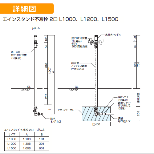 ユニソン エインスタンド 不凍栓 2口 左右仕様 L1000 『立水栓セット