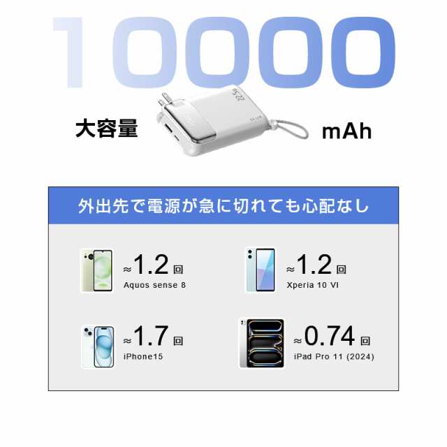 モバイルバッテリー 完全ケーブル不要型 10000mAh 37Wh 折畳