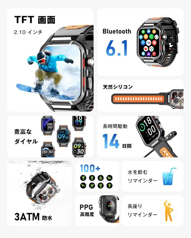 スマートウォッチ 通話機能付き 2.1インチ大画面 タッチスクリーン 腕時計 Bluetooth 6.0 活動量計 消費カロリー スマートブレスレット マルチ運動モード 3ATM防水 心拍数測定 ストップウォッチ おやすみモード 座りがち注意 iPhone/Android適用【PL保険加入済み製品・安心】_2