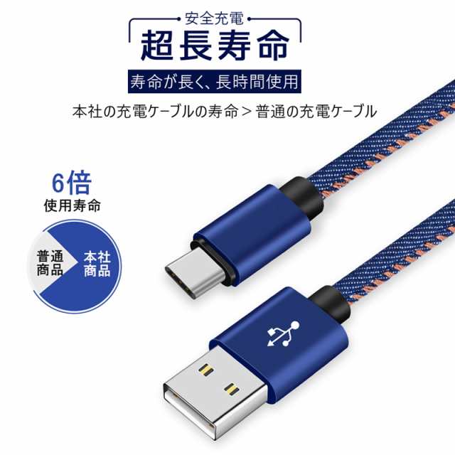 USB Type-C ケーブル Type-C 充電ケーブル 長さ 2m デニム生地 収納ベルト付き 高速充電 データ転送ケーブル 送料無料｜au  PAY マーケット