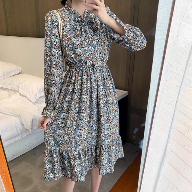 ワンピース レディース レトロワンピース 花柄ワンピース ロング 襟