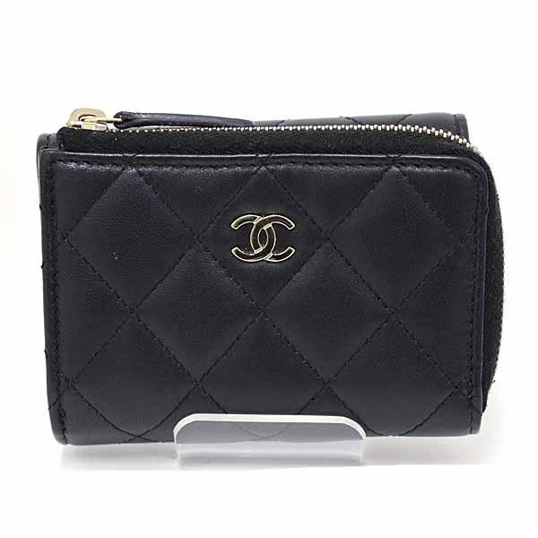 シャネル CHANEL コンパクトウォレット 三つ折り財布 L字ファスナー マトラッセ ラムスキン ブラック ライトゴールド金具 【中古】Aランク